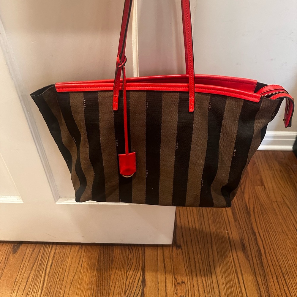 Fendi Red and Brown Striped Tote Bag